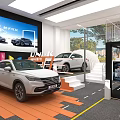 Modern Car Showroom Display With White Vehicles Glass Structure And Lighting