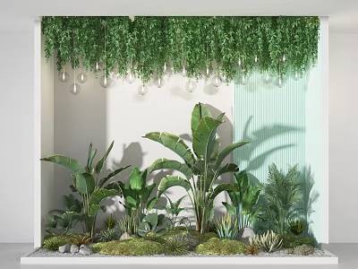 Lush Hanging Vines And Large Leaf Plants With Succulents Stones Moss In White Wall 3d model