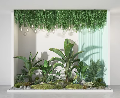 Lush Hanging Vines And Large Leaf Plants With Succulents Stones Moss In White Wall 3d model