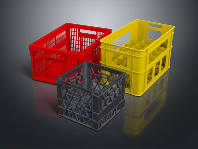 Colorful Plastic Storage Baskets in Red Yellow Gray for Home Organizing with Handles 3d model
