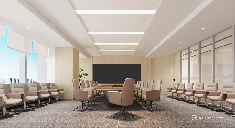 Modern Conference Room Interior With Long Table Comfortable Chairs And Bright Windows 3d model