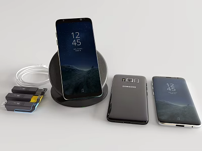 Samsung Mobile Phones Display Three Units Front Back With Wireless Charger And Accessories 3d model