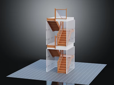 Multi Level Wooden Staircase Model With Transparent Walls And Grid Base 3d model