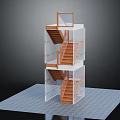 Multi Level Wooden Staircase Model With Transparent Walls And Grid Base