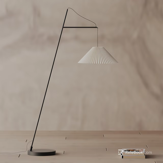 Modern floor lamp with black pole and white pleated shade on wooden tabletop 3d model 