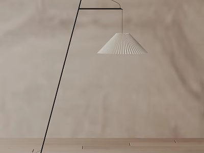 Modern floor lamp with black pole and white pleated shade on wooden tabletop 3d model
