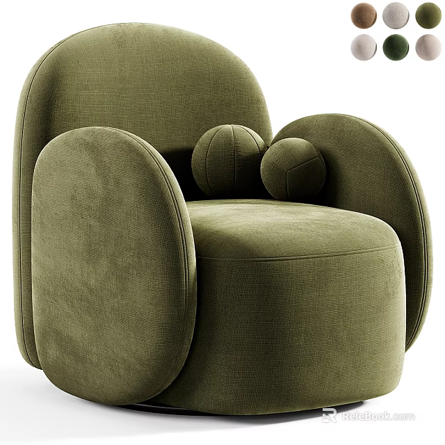 Olive Green Modern Single Sofa with Rounded Shape and Two Small Round Cushions 3d model 