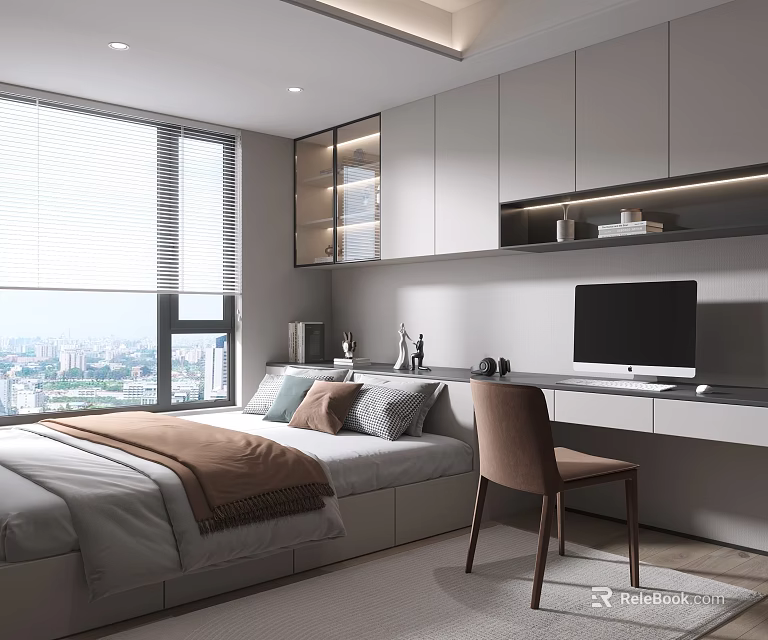 Modern Tatami Bedroom Interior With City View Window Storage Cabinets Desk Chair And TV 3d model 