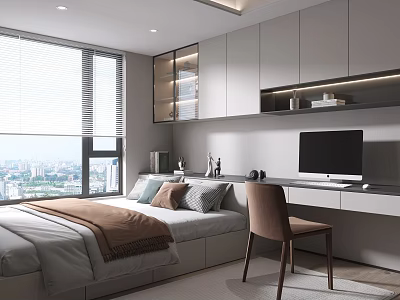 Modern Tatami Bedroom Interior With City View Window Storage Cabinets Desk Chair And TV 3d model