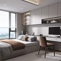 Modern Tatami Bedroom Interior With City View Window Storage Cabinets Desk Chair And TV