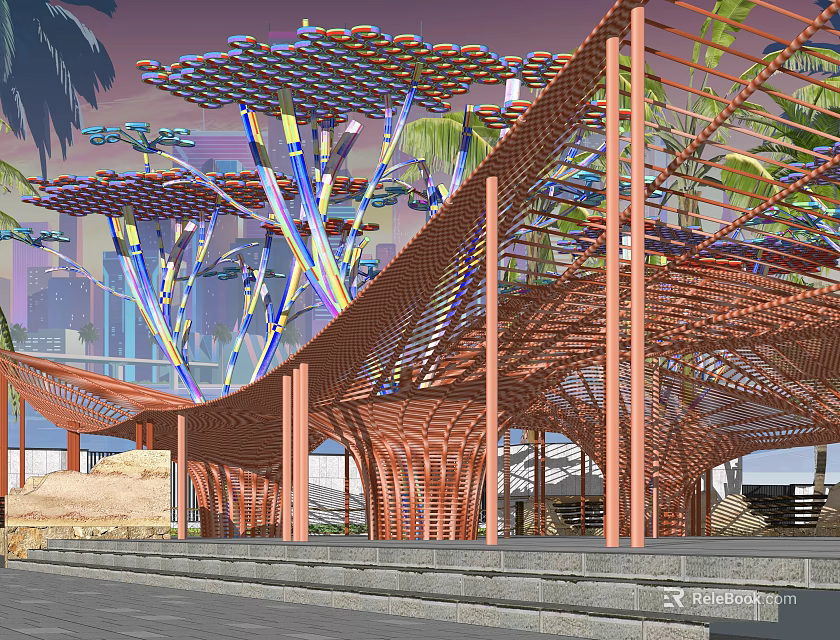 Modern Outdoor Pergola With Colorful Top Structure And Orange Frame Near Palm Trees 3d model 