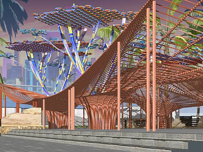 Modern Outdoor Pergola With Colorful Top Structure And Orange Frame Near Palm Trees 3d model