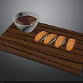 Four Pieces of Fresh Salmon Sushi on Wooden Board with Soy Sauce