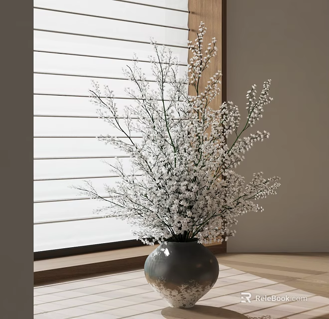 White Flowers in Gray Vase with Window Blinds Light Wall and Wooden Floor 3d model 