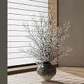 White Flowers in Gray Vase with Window Blinds Light Wall and Wooden Floor