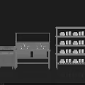 Stainless Steel Kitchenware Set With Double Sink Cooktop And Multi Tiered Shelves For Dishes