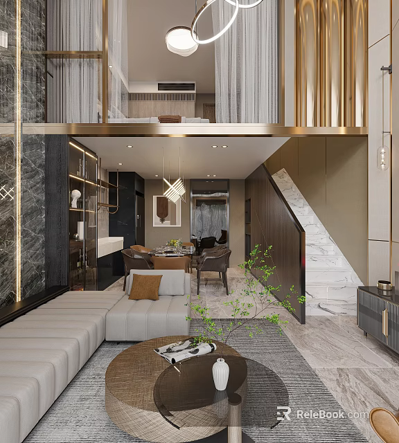Elegant Modern Dining and Living Room Interior With Open Marble Sofa Dining Table And Staircase 3d model 