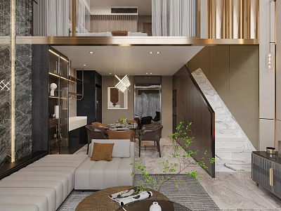 Elegant Modern Dining and Living Room Interior With Open Marble Sofa Dining Table And Staircase 3d model