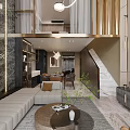 Elegant Modern Dining and Living Room Interior With Open Marble Sofa Dining Table And Staircase