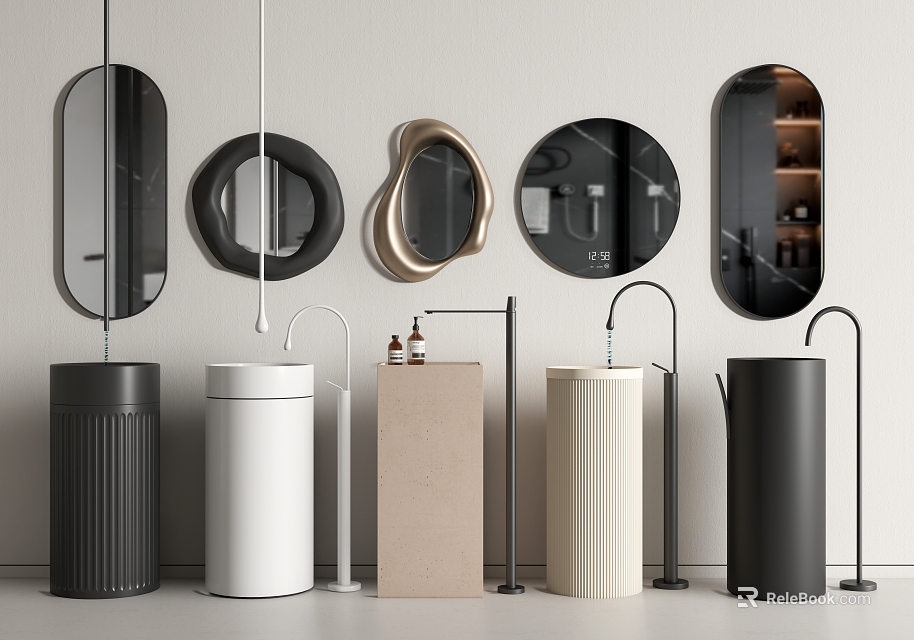 Stylish Modern Washbasins with Different Colors Designs and Hanging Mirrors Faucets for Bathroom Decor 3d model 