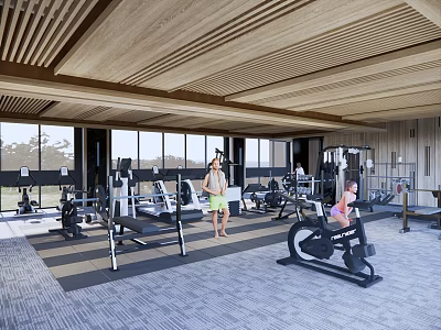 Modern Gym Interior With Various Fitness Equipment And People Working Out 3d model