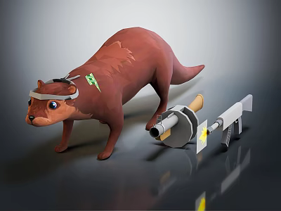 3D Modeled Brown Otter Wearing Tech Headgear With Mechanical Tools And Yellow Component 3d model