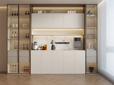 Modern White Sideboard With Shelves Lighting Coffee Machine And Decorative Items In Open Space 3d model