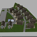 Residential Community Design Featuring Small Houses Brown Roofs Green Lawn Blue Pool And Pathways