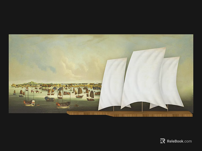Art Installation Featuring White Sailboat Models Against Background Harbor Painting With Ships 3d model 