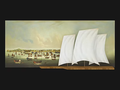 Art Installation Featuring White Sailboat Models Against Background Harbor Painting With Ships 3d model
