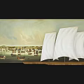 Art Installation Featuring White Sailboat Models Against Background Harbor Painting With Ships