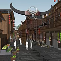 Traditional Chinese Commercial Street With Wooden Buildings Red Lanterns Stone Pavement And Pedestrians
