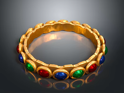 Elegant Golden Bangle Inlaid With Red Green Blue Gemstones And Smooth Design 3d model