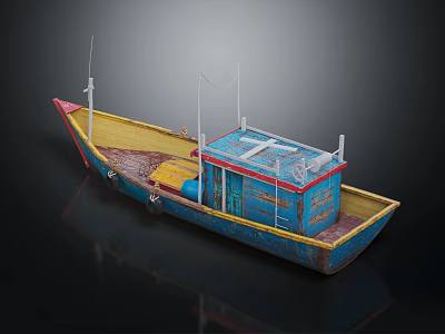 Wooden Boat with Weathered Blue Cabin Yellow Deck Red Bow and Antennas 3d model