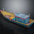 Wooden Boat with Weathered Blue Cabin Yellow Deck Red Bow and Antennas