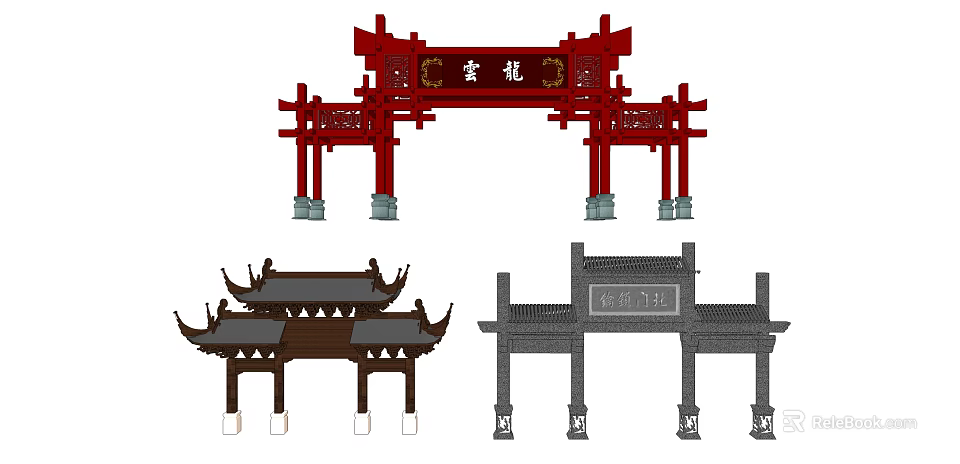 Traditional Chinese Archway in Red Brown and Gray with Classic Architectural Design 3d model 