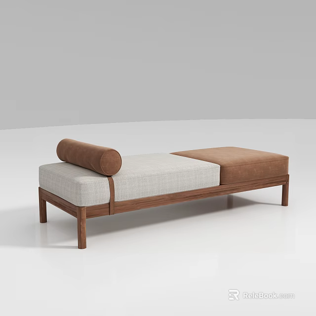 Modern Comfortable Lazy Sofa With Wooden Frame Light Gray Brown Cushions And Cylindrical Pillow 3d model 