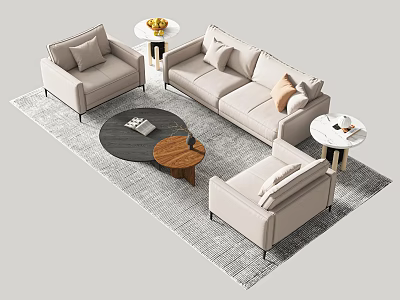 Modern Beige Sofa And Coffee Table Set With Armchairs Cushions And Area Rug 3d model