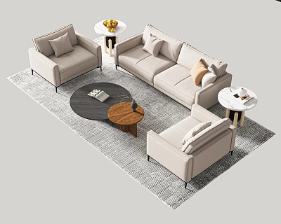 Modern Beige Sofa And Coffee Table Set With Armchairs Cushions And Area Rug 3d model