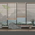 Natural Bamboo Window Blinds With Potted Plant Decorative Stone And Mountain Landscape View