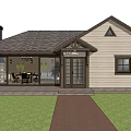 Modern Residential House Featuring Sloped Shingle Roof Transparent Glass Walls and Patio with Indoor Furniture