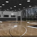 Indoor Basketball Court With Wooden Floor Basketball Hoops Ceiling Lights And Court Markings