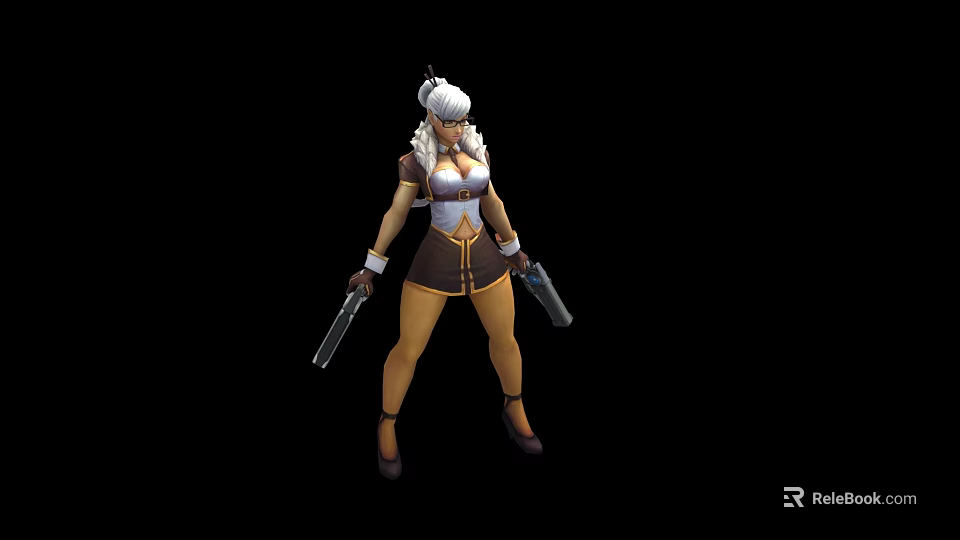 Female Game Movie Character With White Hair Holding Two Guns Tight Outfit And High Heels 3d model 