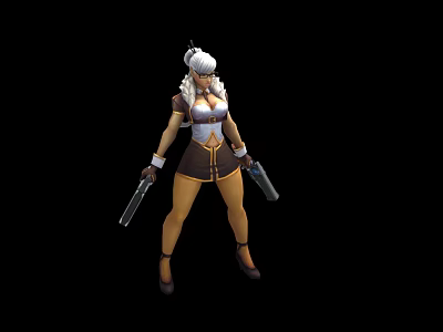 Female Game Movie Character With White Hair Holding Two Guns Tight Outfit And High Heels 3d model