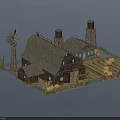 Rustic Farm Landscape With Wooden Barn Windmill Water Towers And Hay Bales