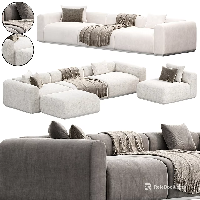 Modern Sectional Sofa with Light Gray Upholstery Throw Pillows and Soft Blanket 3d model 