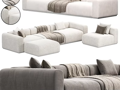 Modern Sectional Sofa with Light Gray Upholstery Throw Pillows and Soft Blanket 3d model