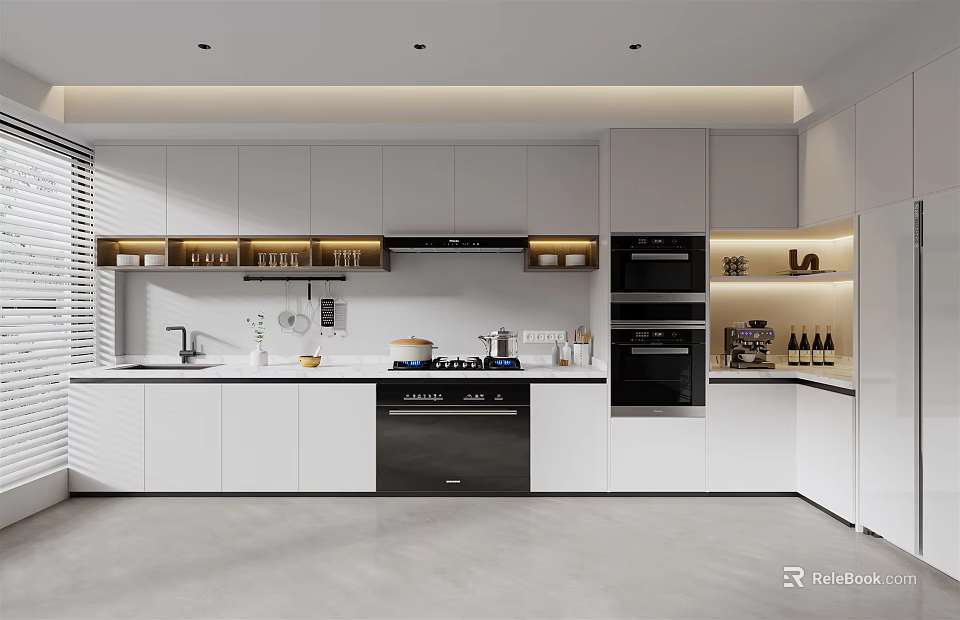 Modern Sleek Kitchen Interior Design With White Cabinets Black Appliances And Countertop 3d model 