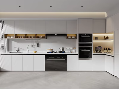 Modern Sleek Kitchen Interior Design With White Cabinets Black Appliances And Countertop 3d model