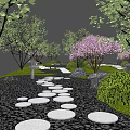Park Landscape With Green Lawns Winding Paths Pink Flowering Trees And Serene Water Features